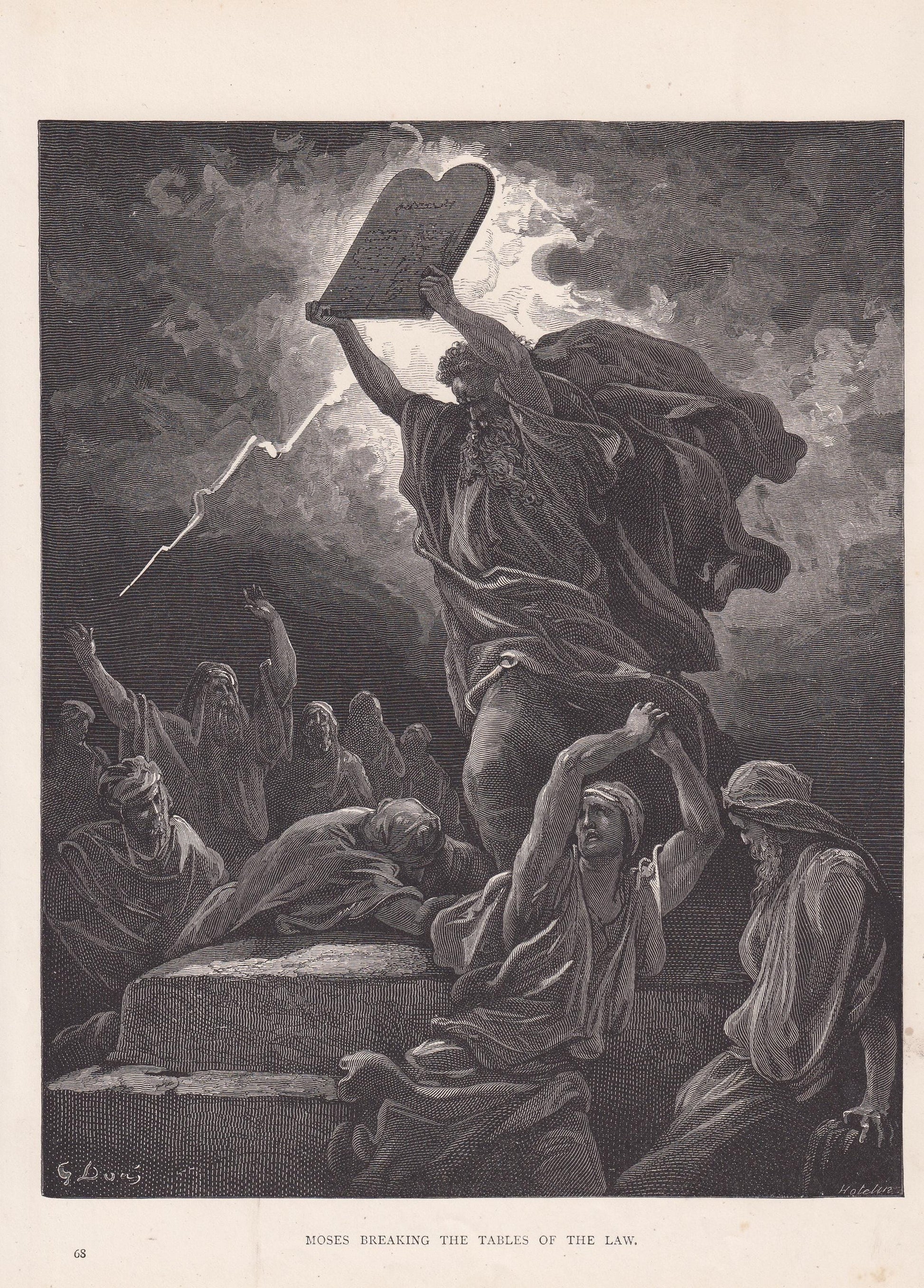 1870 GUSTAVE DORE Print - "Moses Breaking the Tablets of the Law" - Dore Bible Wall Art - Dore Engraving - 8.5 x 12.2 Inches