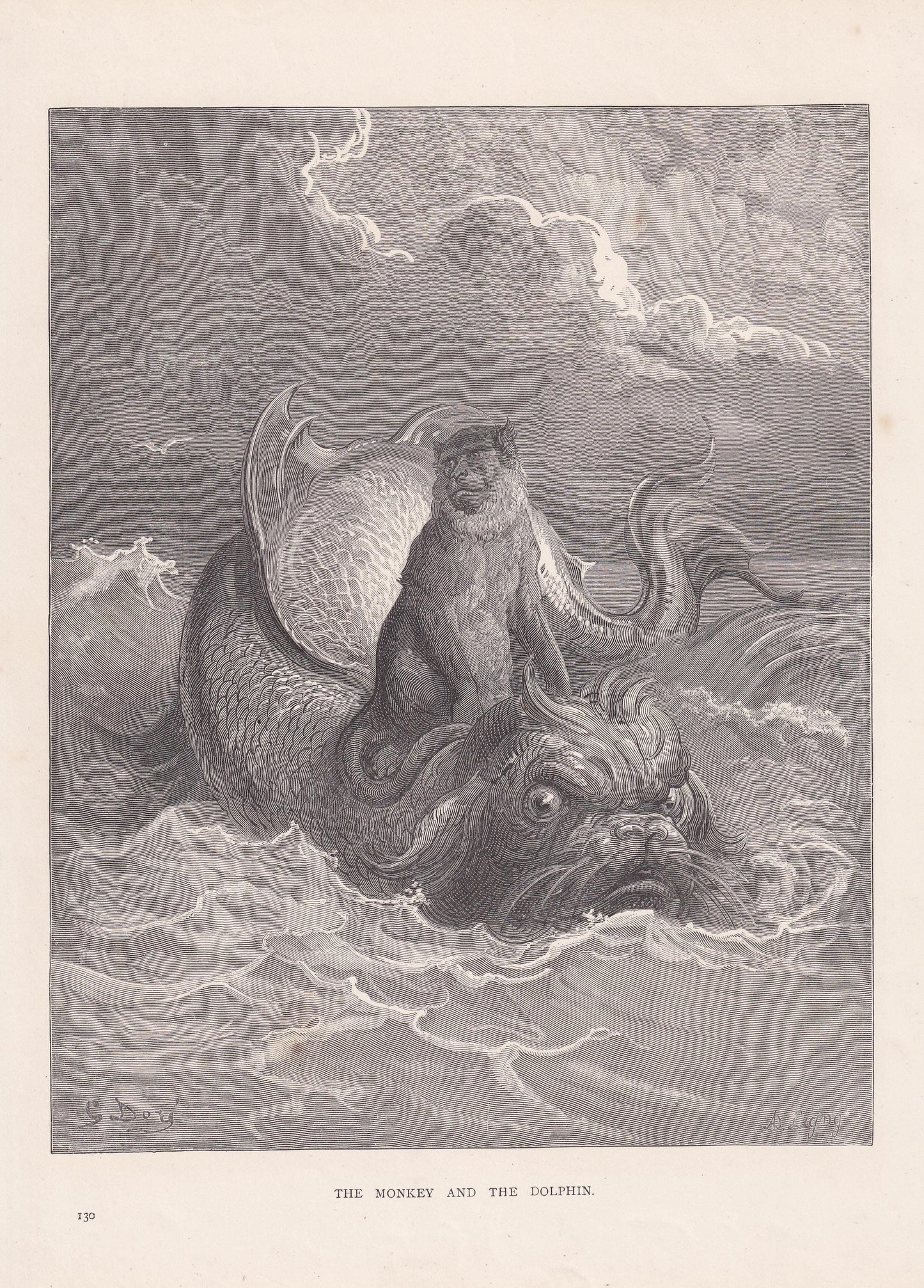 1870 GUSTAVE DORE Print - "The Monkey and the Dolphin" - Dore Wall Art - Dore Engraving - Aesop's Fable - 8.5 x 12.2 Inches