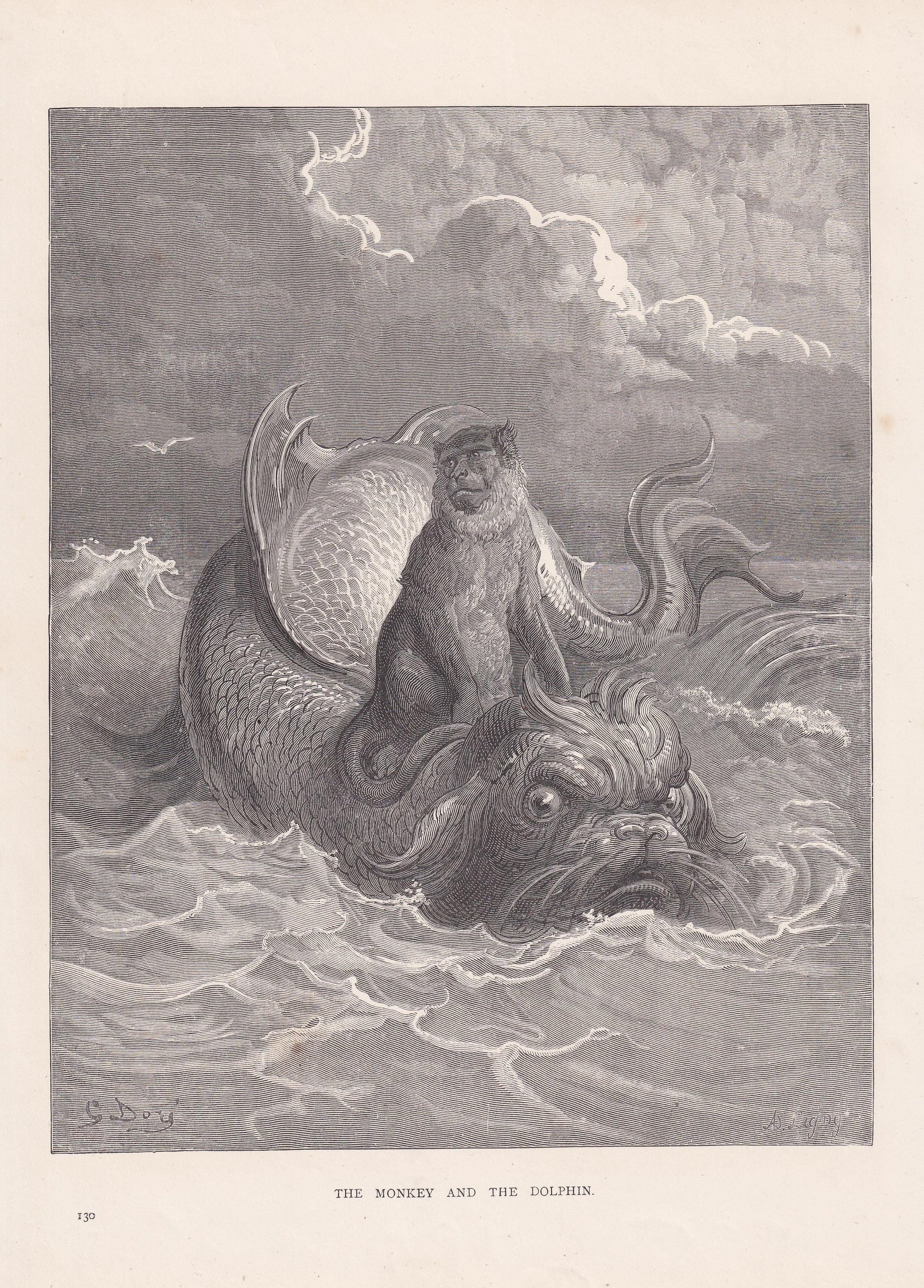1870 GUSTAVE DORE Print - "The Monkey and the Dolphin" - Dore Wall Art - Dore Engraving - Aesop's Fable - 8.5 x 12.2 Inches