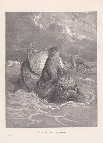 1870 GUSTAVE DORE Print - "The Monkey and the Dolphin" - Dore Wall Art - Dore Engraving - Aesop's Fable - 8.5 x 12.2 Inches