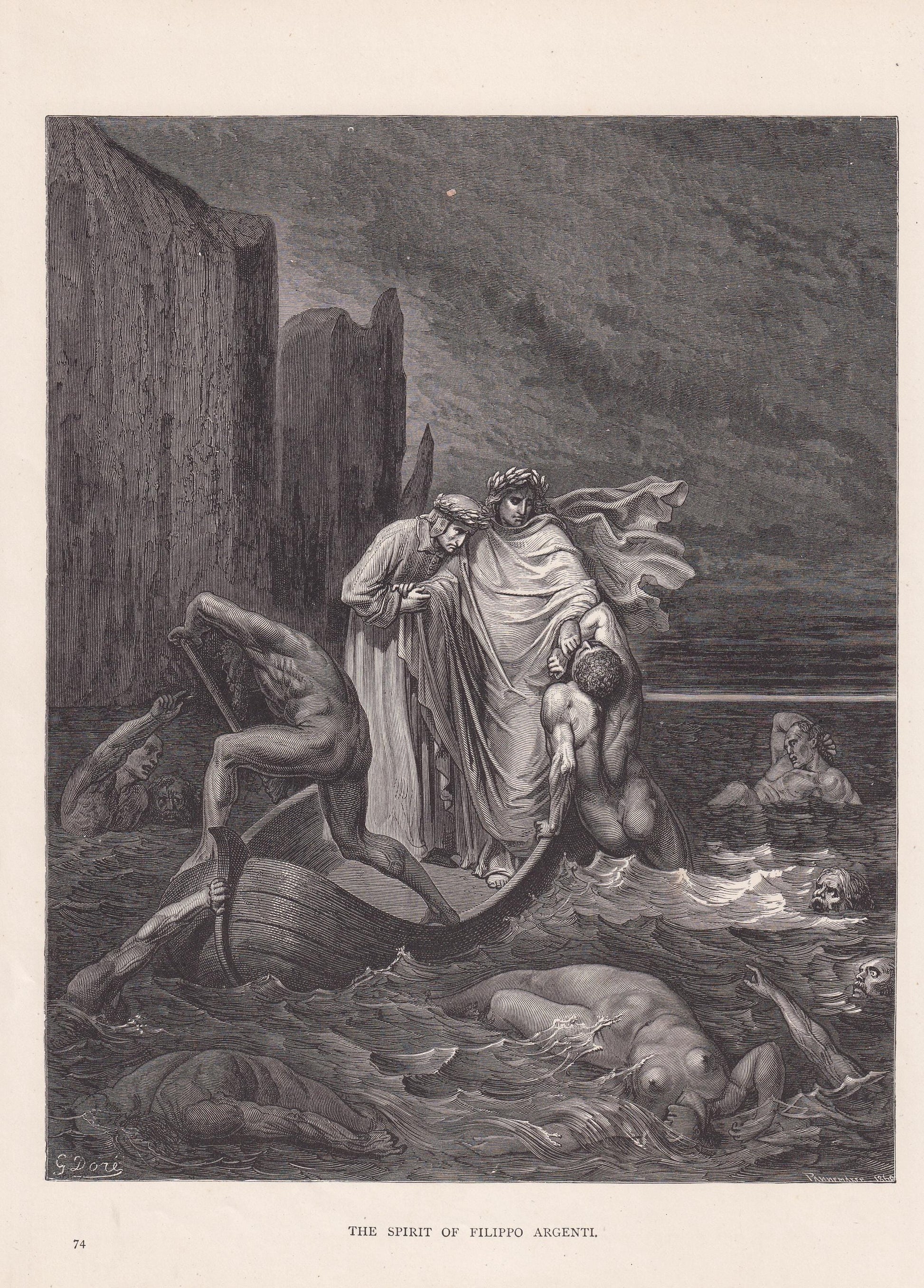 1870 GUSTAVE DORE Print - "The Spirit of Filippo Argenti" - Dore Wall Art - Dore Engraving - Dante Inferno - 8.5 x 12.2 Inche