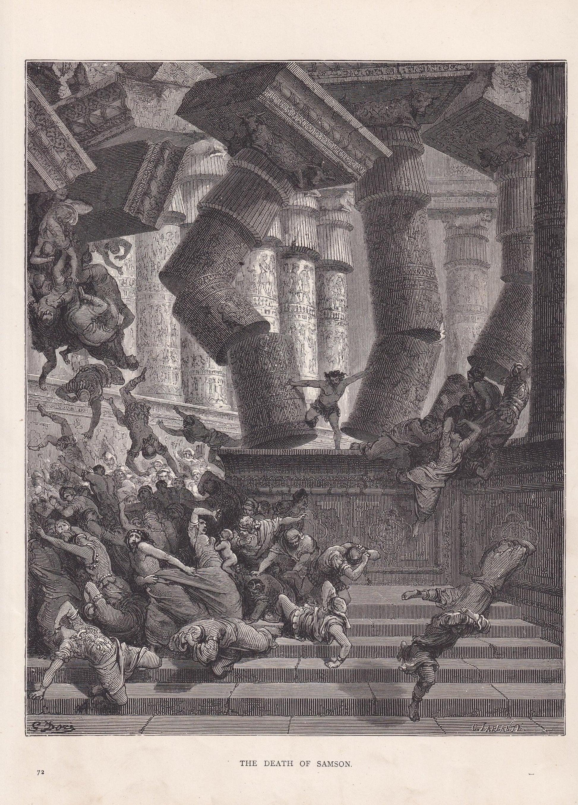 1870 GUSTAVE DORE Print - "The Death of Samson" - Dore Old Testament Bible Wall Art - Dore Engraving - 8.5 x 12.2 Inches