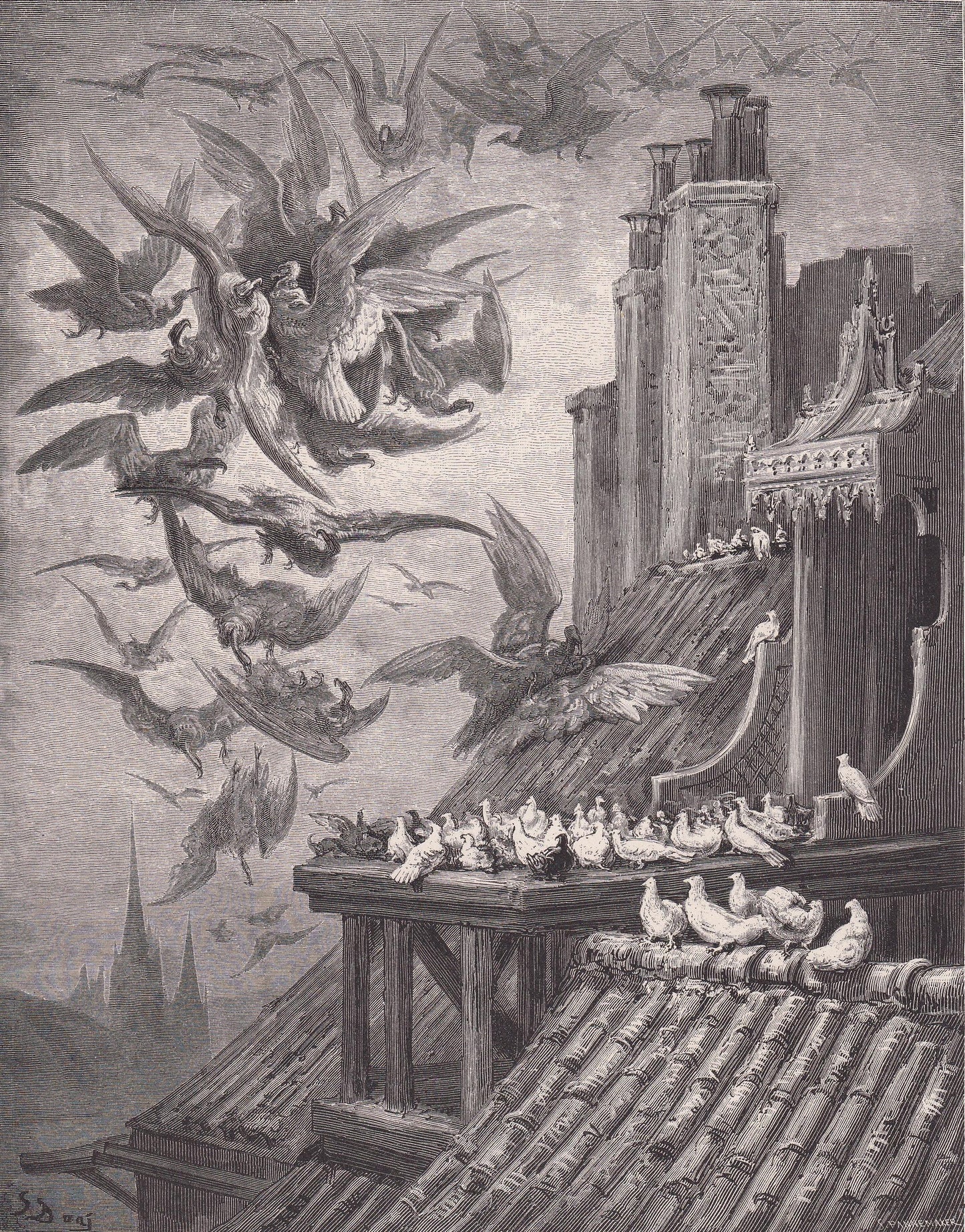 1870 GUSTAVE DORE Print - "The Vultures and the Pigeons" - Dore Wall Art - Dore Engraving - Fables of La Fontaine - 8.5 x 12.