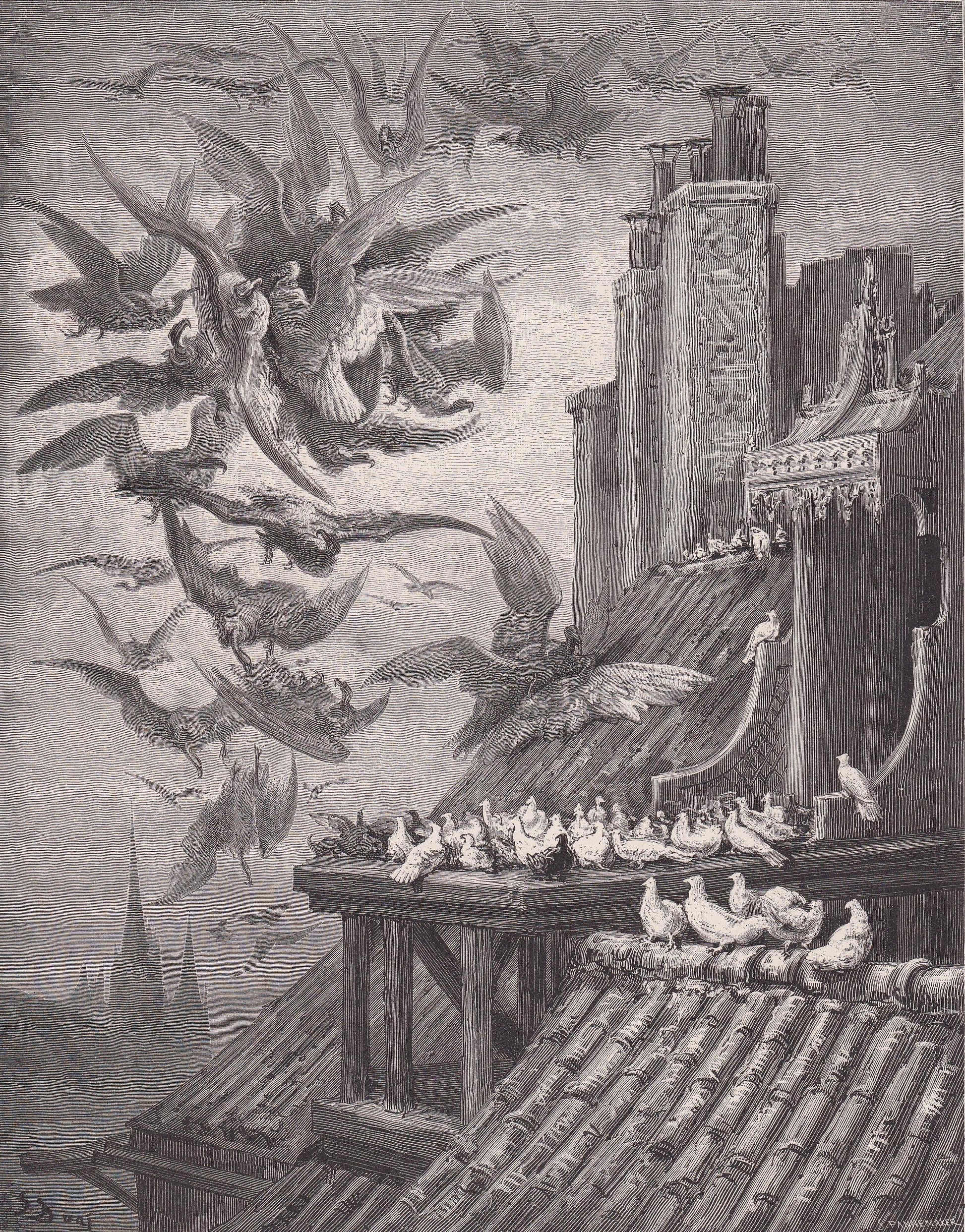 1870 GUSTAVE DORE Print - "The Vultures and the Pigeons" - Dore Wall Art - Dore Engraving - Fables of La Fontaine - 8.5 x 12.