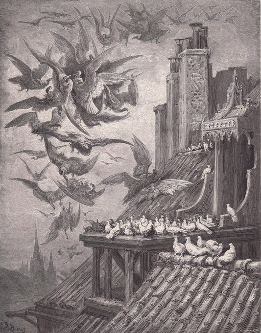 1870 GUSTAVE DORE Print - "The Vultures and the Pigeons" - Dore Wall Art - Dore Engraving - Fables of La Fontaine - 8.5 x 12.