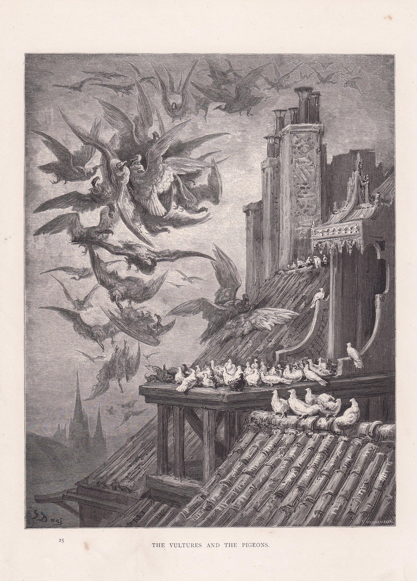 1870 GUSTAVE DORE Print - "The Vultures and the Pigeons" - Dore Wall Art - Dore Engraving - Fables of La Fontaine - 8.5 x 12.