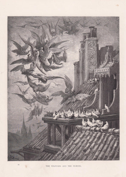 1870 GUSTAVE DORE Print - "The Vultures and the Pigeons" - Dore Wall Art - Dore Engraving - Fables of La Fontaine - 8.5 x 12.