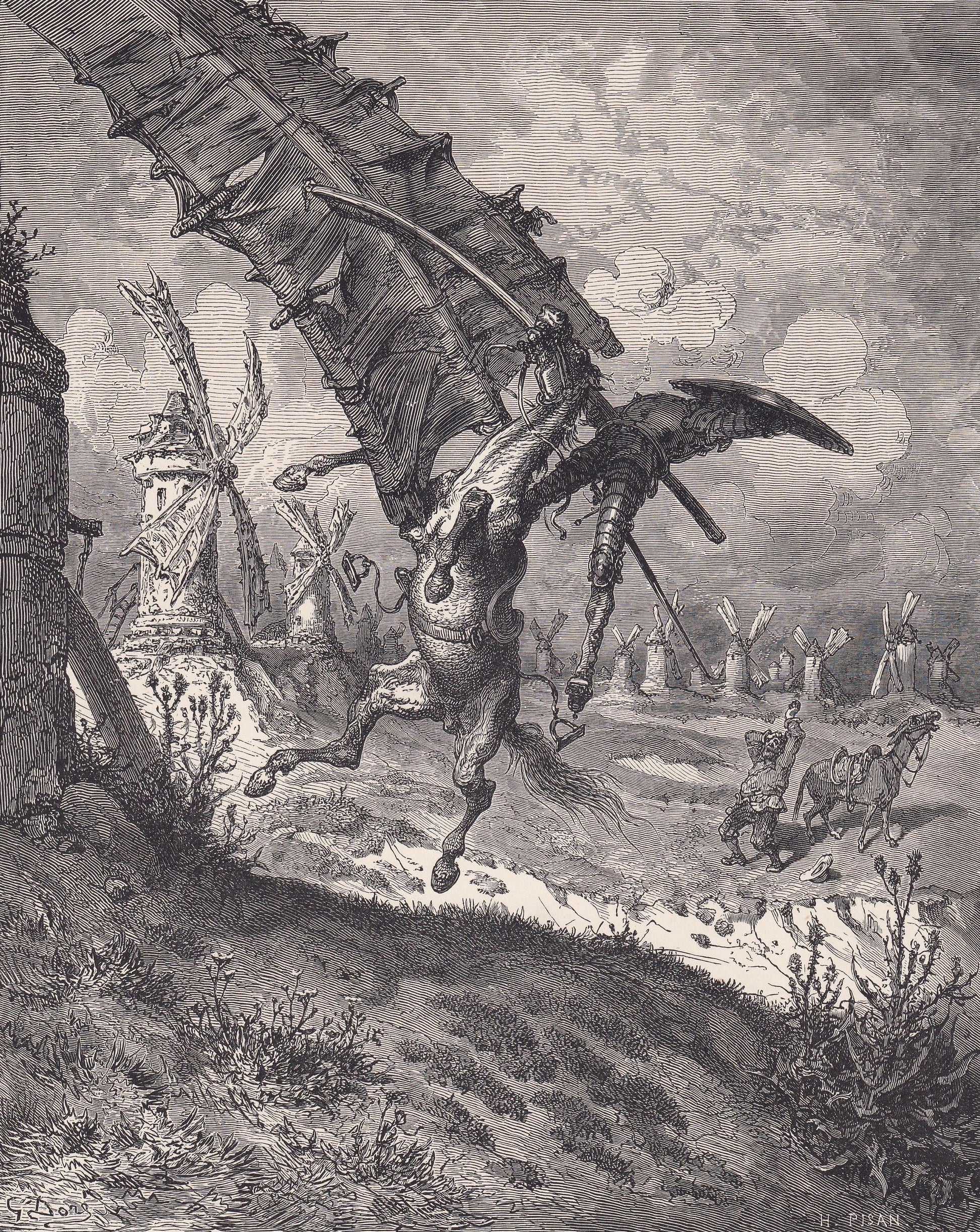 1870 GUSTAVE DORE Print - "The Adventure with the Windmills" - Dore Wall Art - Dore Engraving - Don Quixote - 8.5 x 12.2 Inch