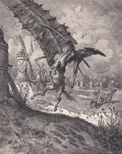 1870 GUSTAVE DORE Print - "The Adventure with the Windmills" - Dore Wall Art - Dore Engraving - Don Quixote - 8.5 x 12.2 Inch