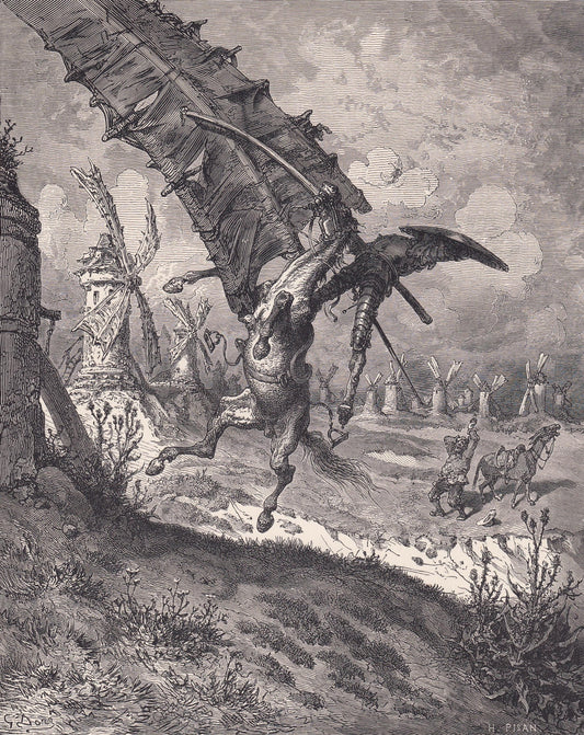 1870 GUSTAVE DORE Print - "The Adventure with the Windmills" - Dore Wall Art - Dore Engraving - Don Quixote - 8.5 x 12.2 Inch