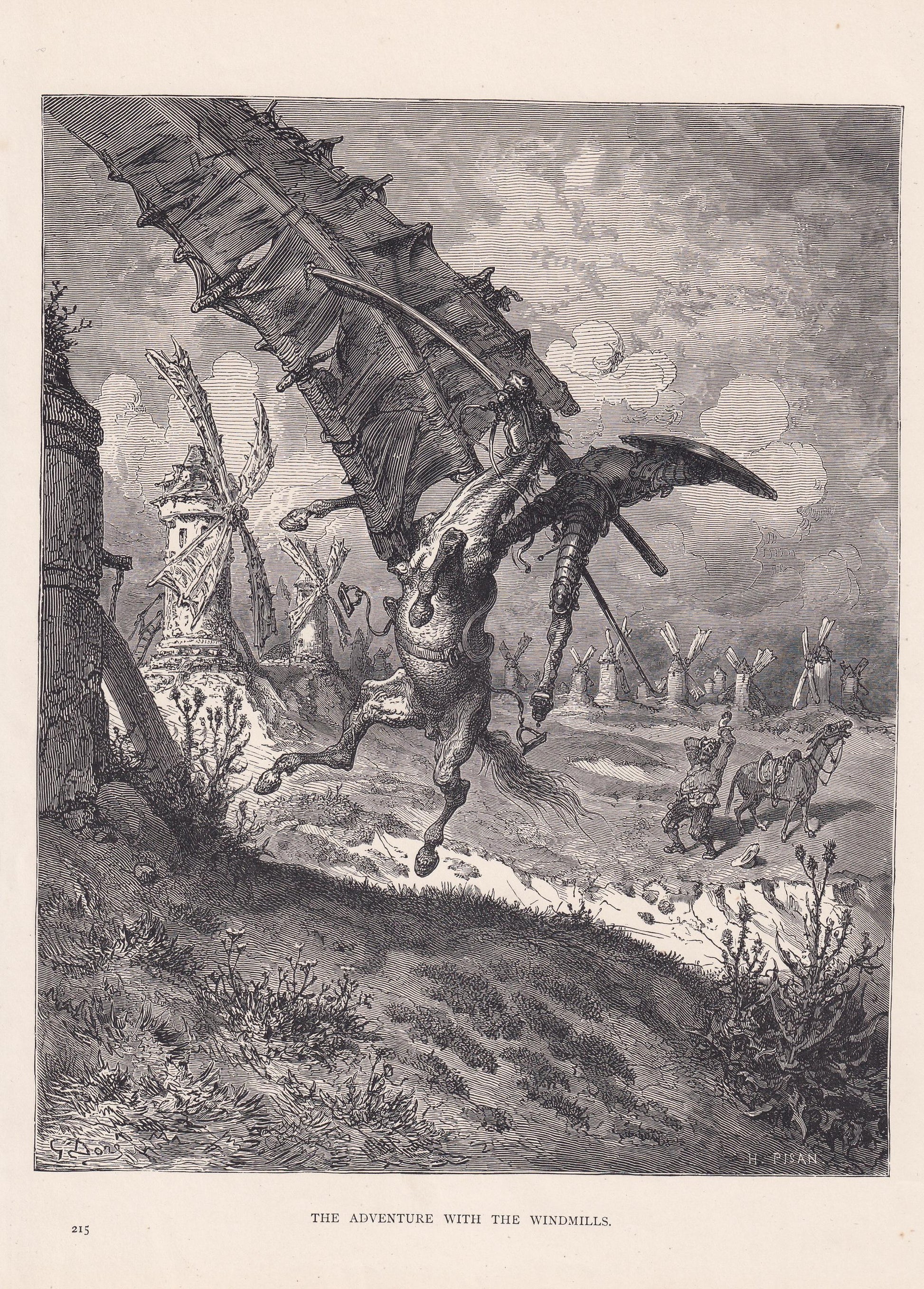 1870 GUSTAVE DORE Print - "The Adventure with the Windmills" - Dore Wall Art - Dore Engraving - Don Quixote - 8.5 x 12.2 Inch