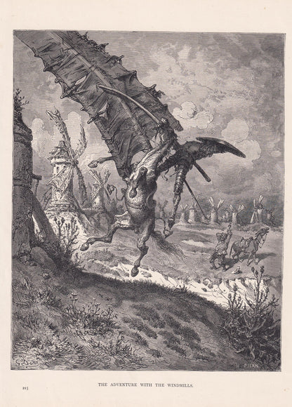 1870 GUSTAVE DORE Print - "The Adventure with the Windmills" - Dore Wall Art - Dore Engraving - Don Quixote - 8.5 x 12.2 Inch