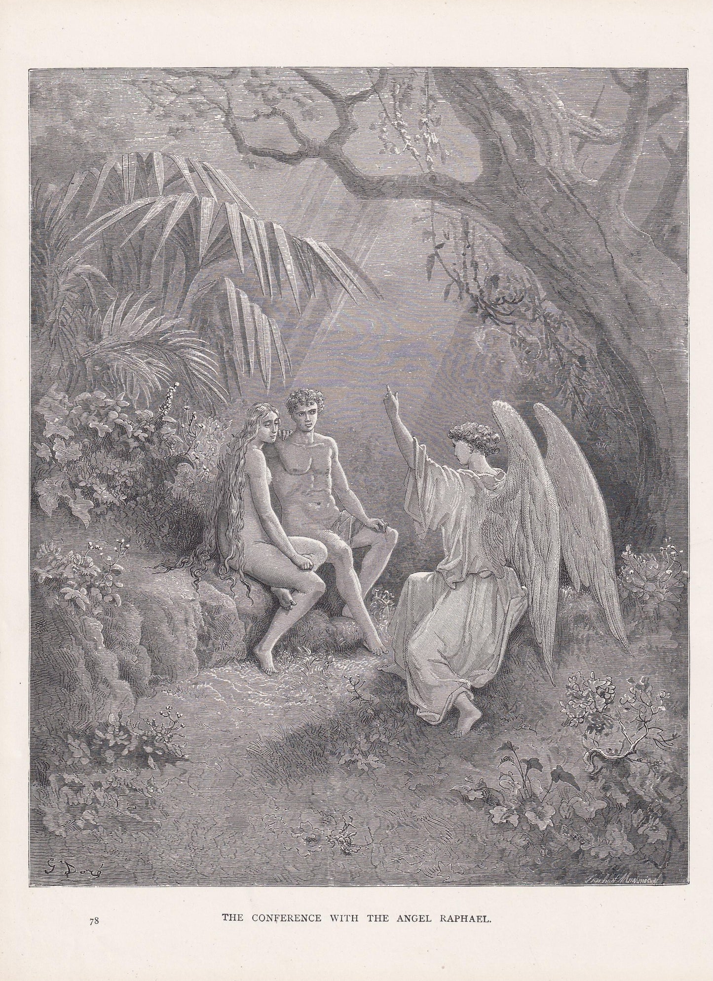 1870 GUSTAVE DORE Print - "The Conference with the Angel Raphael" - Dore Wall Art - Antique Dore Engraving - 8.5 x 12.2 Inche