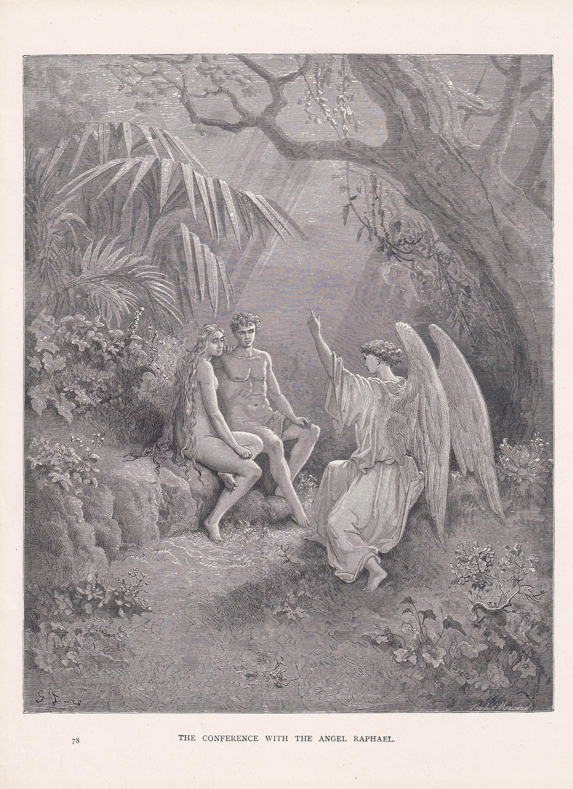 1870 GUSTAVE DORE Print - "The Conference with the Angel Raphael" - Dore Wall Art - Antique Dore Engraving - 8.5 x 12.2 Inche