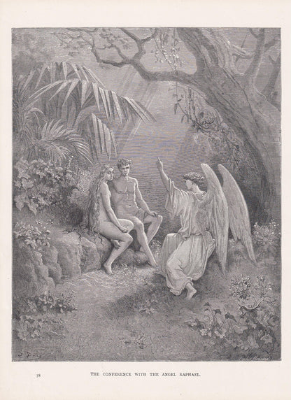 1870 GUSTAVE DORE Print - "The Conference with the Angel Raphael" - Dore Wall Art - Antique Dore Engraving - 8.5 x 12.2 Inche