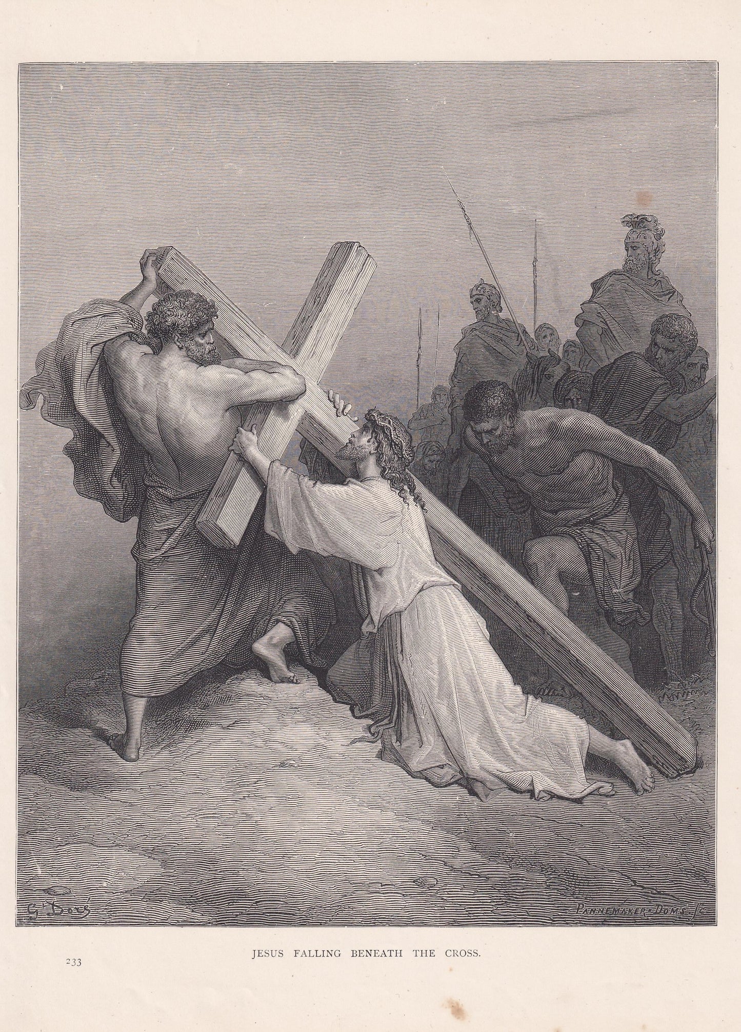 1870 GUSTAVE DORE Print - "Jesus Falling Beneath the Cross" - Antique Dore Wall Art - Dore Christian Bible Decor - 8.5 x 12.8 Inches