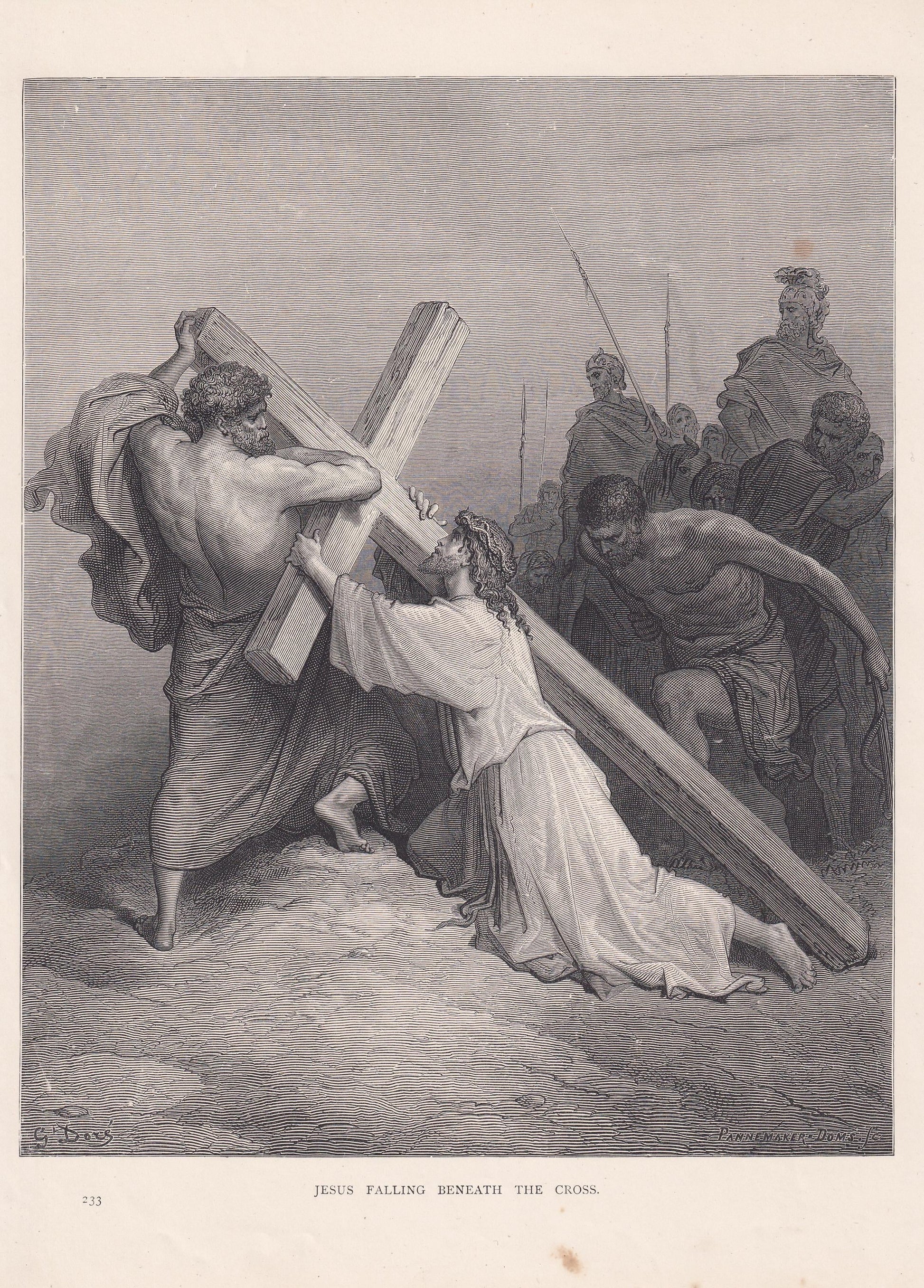 1870 GUSTAVE DORE Print - "Jesus Falling Beneath the Cross" - Antique Dore Wall Art - Dore Christian Bible Decor - 8.5 x 12.8 Inches