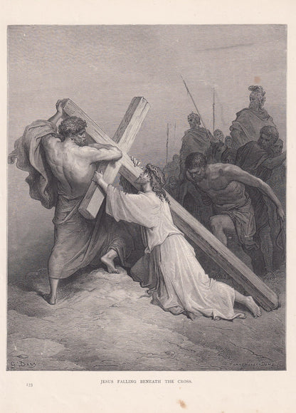 1870 GUSTAVE DORE Print - "Jesus Falling Beneath the Cross" - Antique Dore Wall Art - Dore Christian Bible Decor - 8.5 x 12.8 Inches