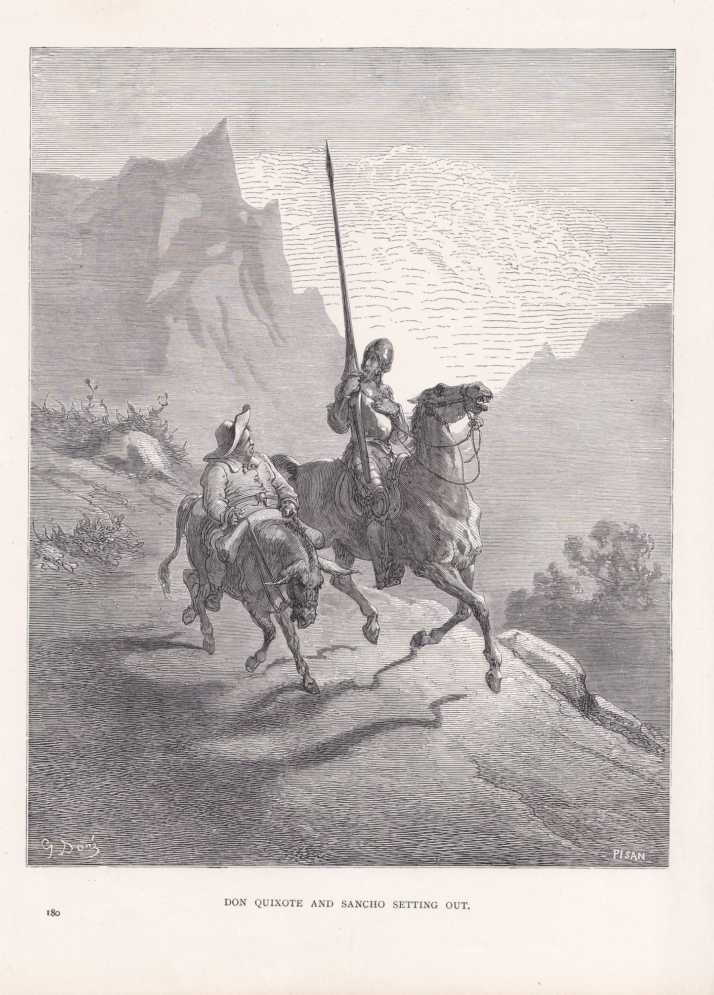 1870 GUSTAVE DORE Print - "Don Quixote and Sancho Setting Out" - Antique Dore Wall Art - Dore Engraving Decor - 8.5 x 12.2 In