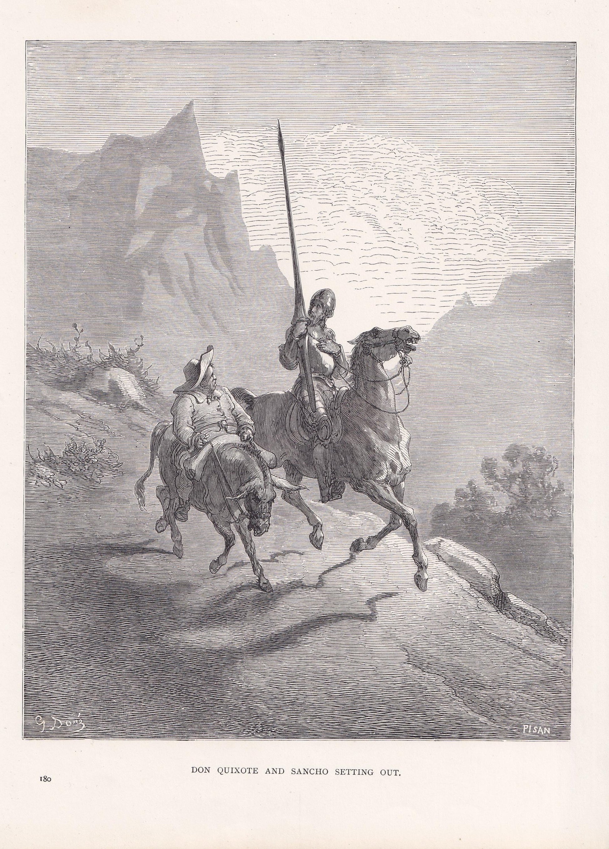 1870 GUSTAVE DORE Print - "Don Quixote and Sancho Setting Out" - Antique Dore Wall Art - Dore Engraving Decor - 8.5 x 12.2 In