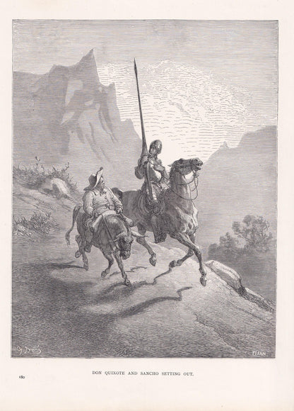 1870 GUSTAVE DORE Print - "Don Quixote and Sancho Setting Out" - Antique Dore Wall Art - Dore Engraving Decor - 8.5 x 12.2 In
