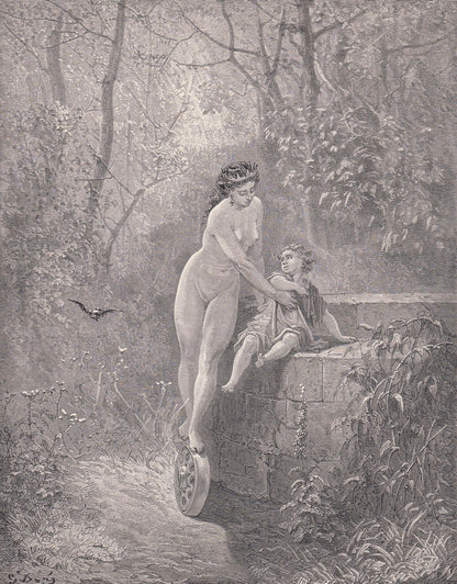 1870 GUSTAVE DORE Print - "Fortune and the Little Child" - Antique Dore Wall Art Engraving - La Fontaine's Fables Decor - 8.5