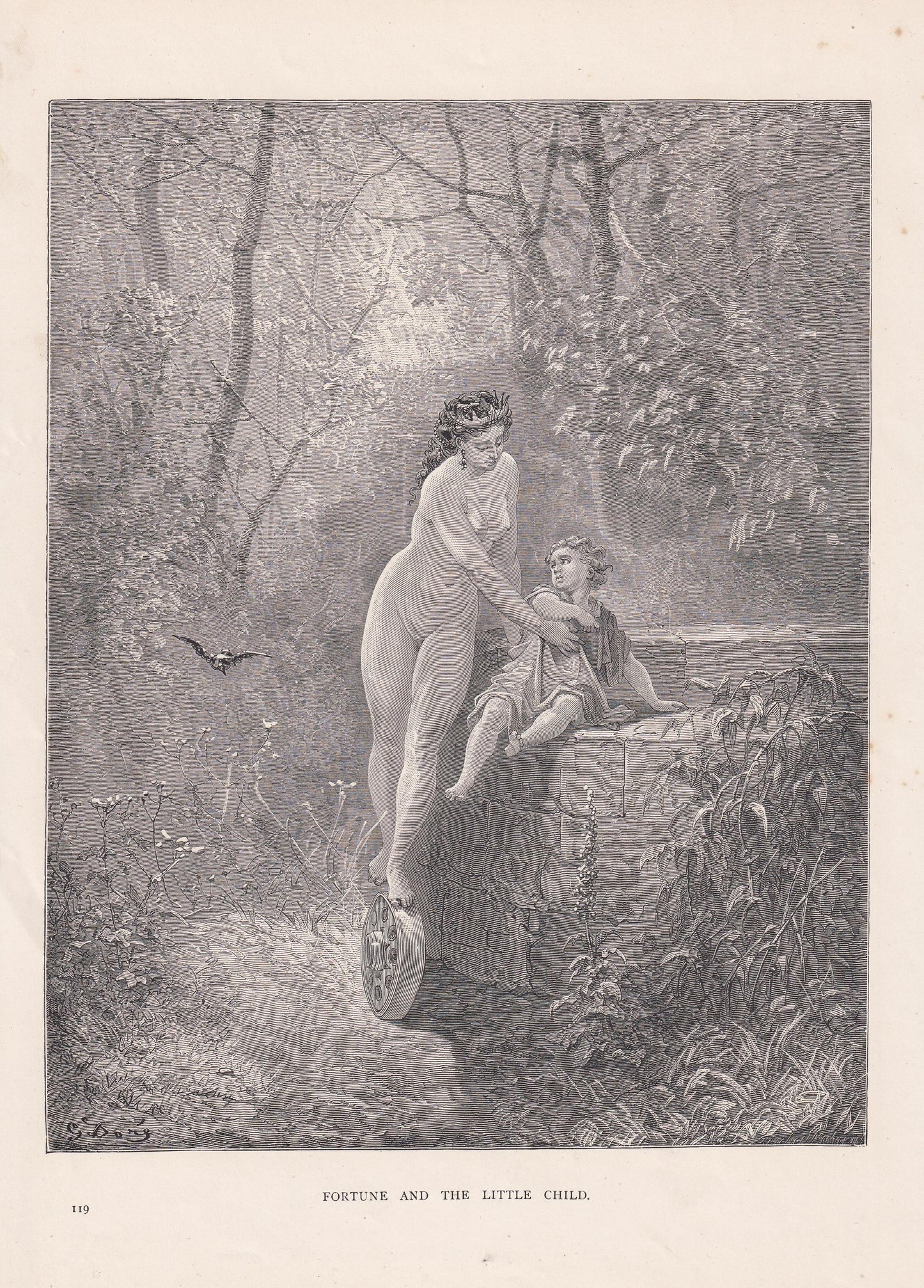 1870 GUSTAVE DORE Print - "Fortune and the Little Child" - Antique Dore Wall Art Engraving - La Fontaine's Fables Decor - 8.5