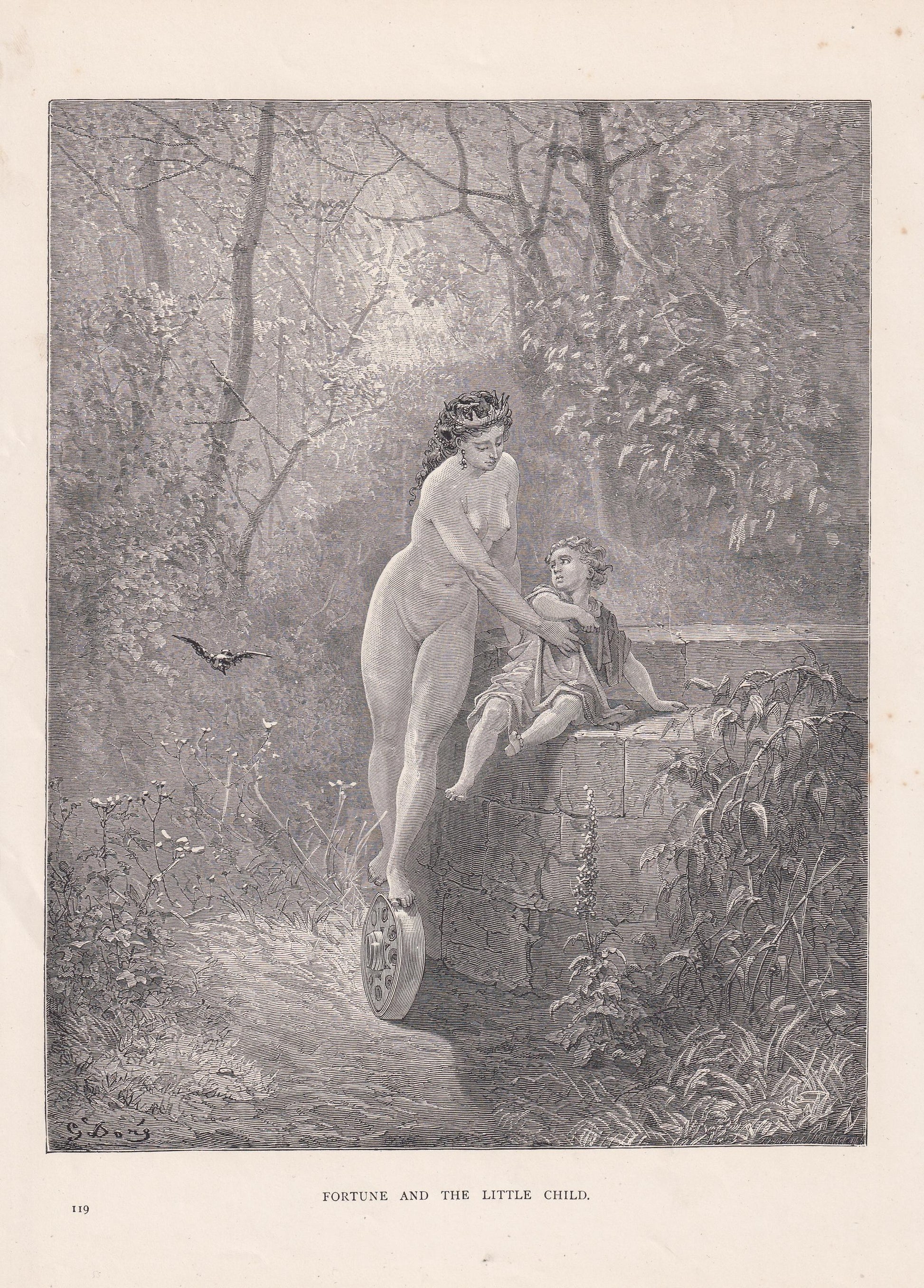 1870 GUSTAVE DORE Print - "Fortune and the Little Child" - Antique Dore Wall Art Engraving - La Fontaine's Fables Decor - 8.5