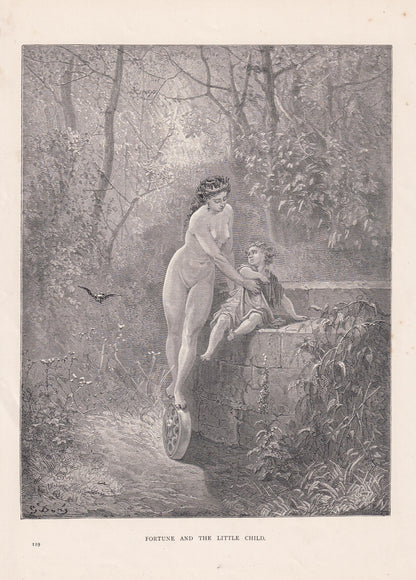 1870 GUSTAVE DORE Print - "Fortune and the Little Child" - Antique Dore Wall Art Engraving - La Fontaine's Fables Decor - 8.5