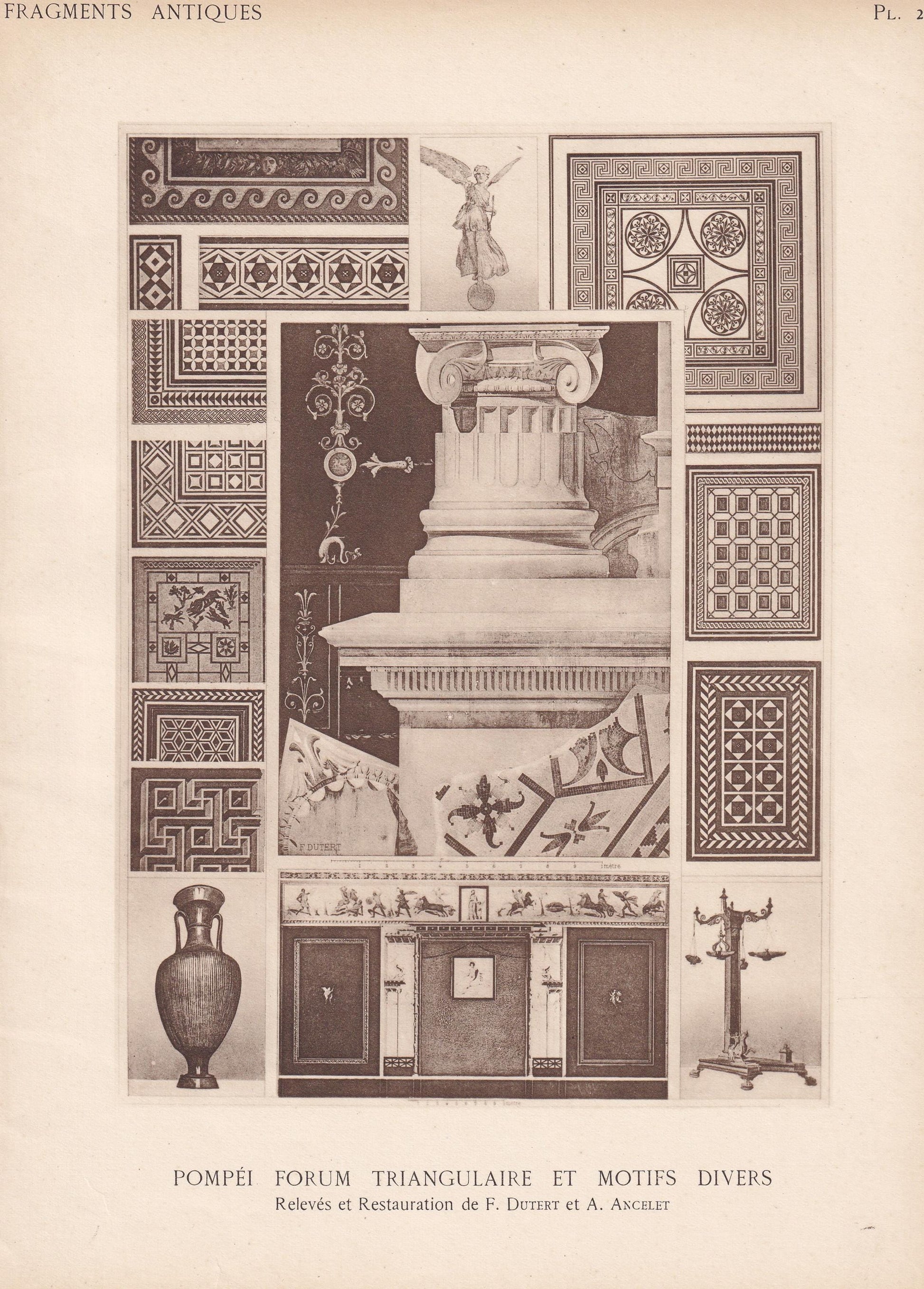 c. 1910 POMPEII: FORUM TRIANGULAR & Various Motifs - Roman Architecture Print - Roman Greek History - Gift Decor - 8.6 x 12 I