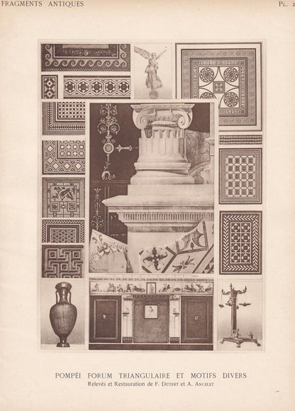 c. 1910 POMPEII: FORUM TRIANGULAR & Various Motifs - Roman Architecture Print - Roman Greek History - Gift Decor - 8.6 x 12 I