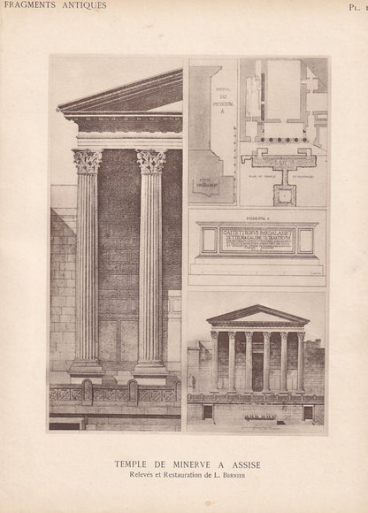 c. 1910 TEMPLE Of MINERVA, Assisi, Italy - Roman Architecture Print - Roman Greek History - Gift Decor - 8.6 x 12 Inches