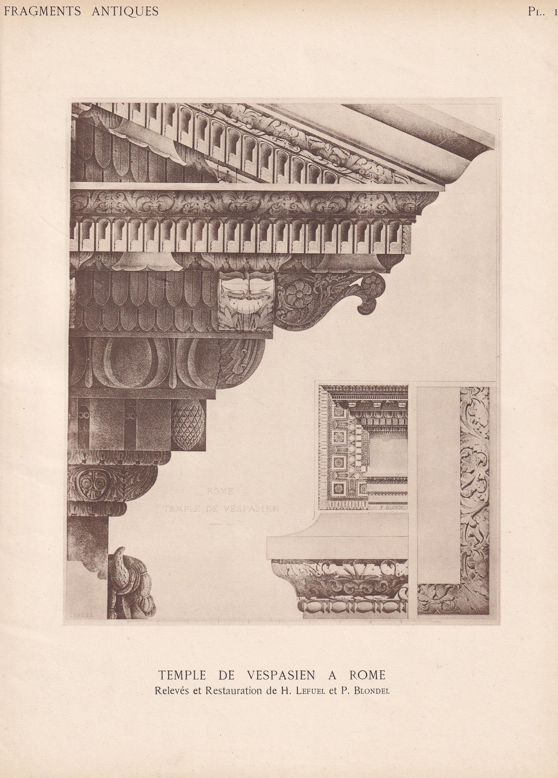 c. 1910 TEMPLE Of VESPASIAN, Rome, Italy - Roman Architecture Print - Roman Greek History - Gift Decor - 8.6 x 12 Inches