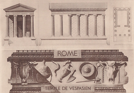 c. 1910 TEMPLE of MANLY FORTUNE & Frieze Of Temple of Vespasian in Rome - Roman Greek Architecture Print - Gift Decor - 8.6 x